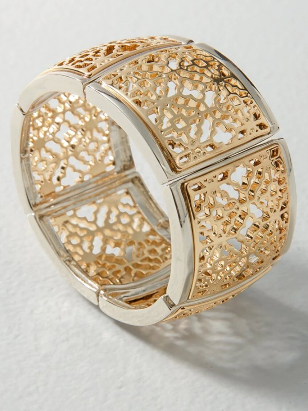 WHBM Goldtone + Silvertone Stretch Bracelet FILIGREE Bangle Cuff Mixed Metal